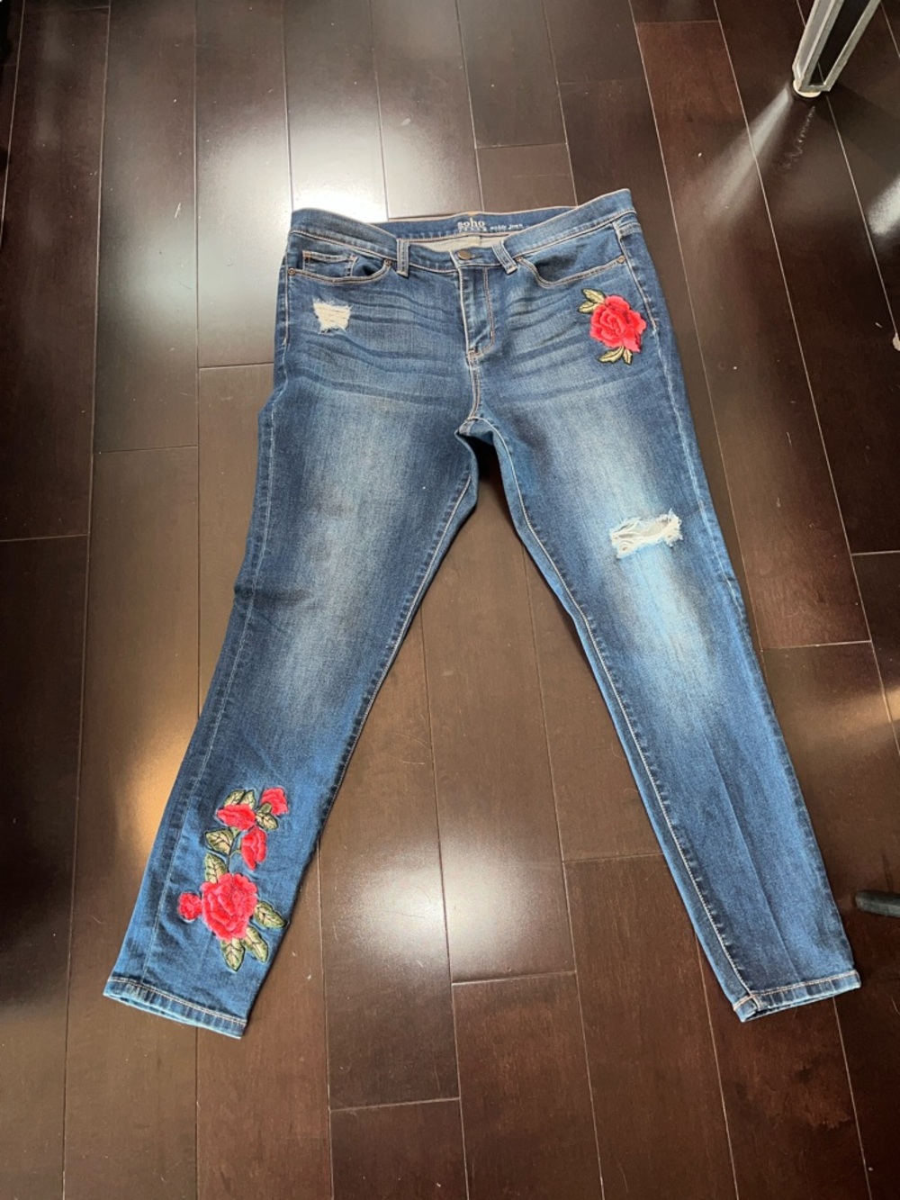 Women’s Dark Blue Skinny Jeans with Red Rose Embroidery